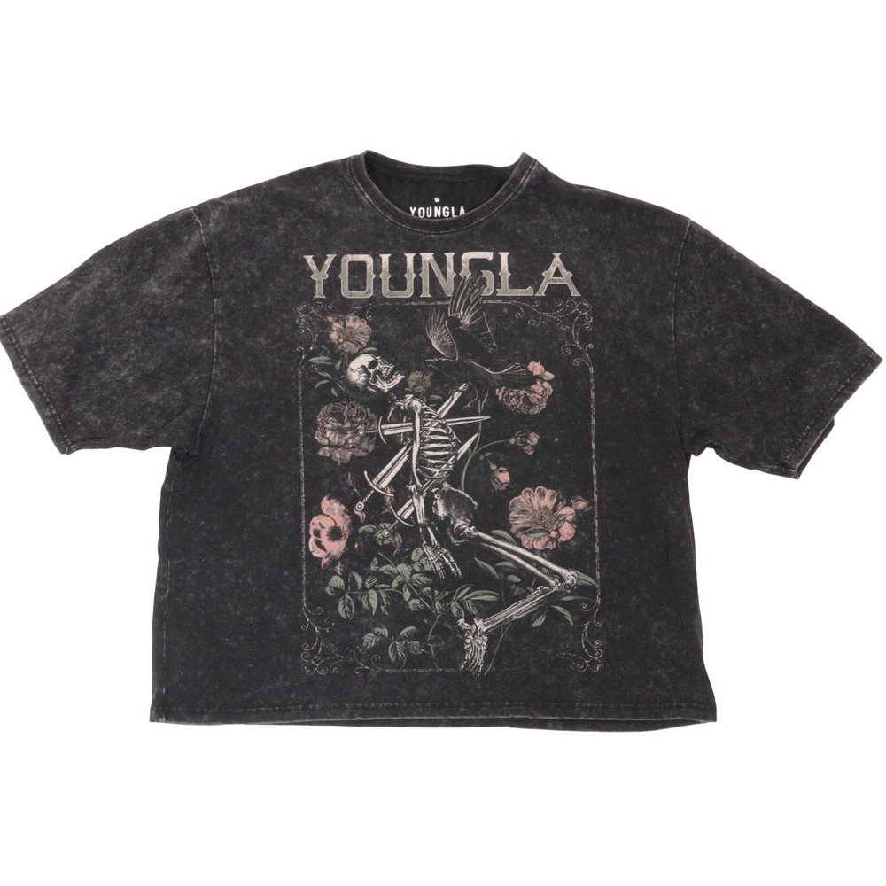 YoungLA Graphic T Shirt Men XL Boxy Wide Skeleton Crow Floral Mineral Wash Black
